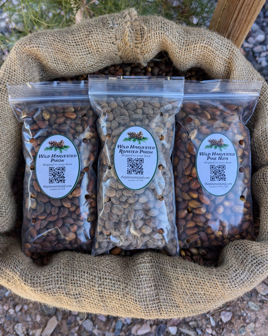 Three pack roasted and raw pinon and soft shell pine nuts. Harvested in Utah and Nevada and local to Arizona, New Mexico, Colorado and Idaho. (pinyon, pinion, pinones, piñons, pinenuts) size and nut comparison between raw pinus monophylla and pinus edulis and comparison between roasted and raw pinon.